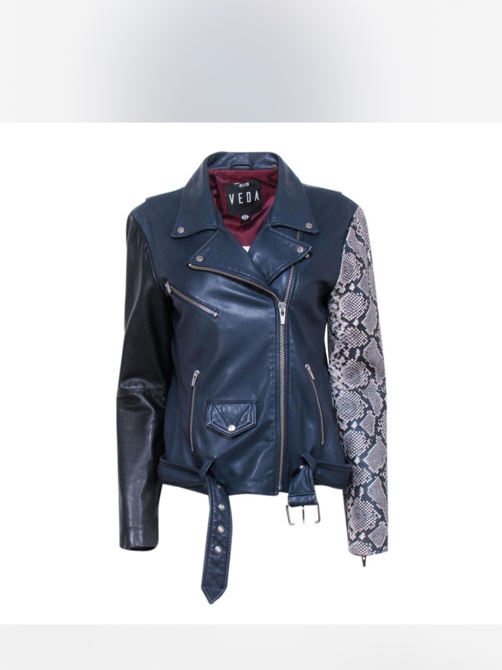 Veda Navy Leather Moto Jacket with Snakeskin-Print Sleeve